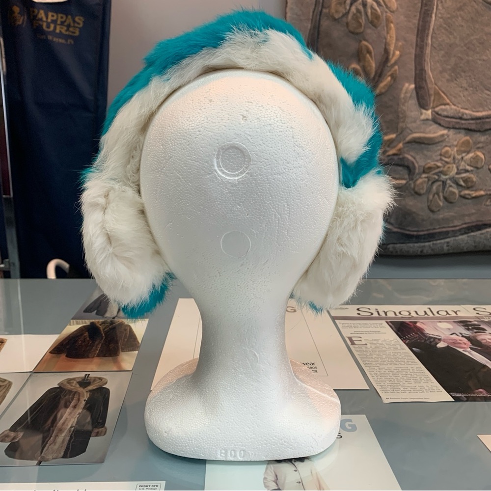Genuine Fur Teal Blue Stripe Ear Muffs - Picture 4 of 6